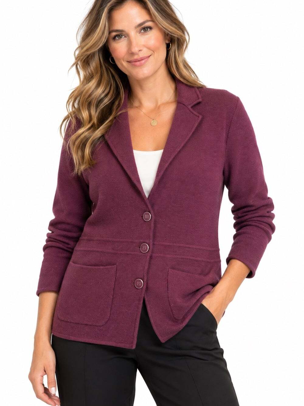 Talbots Pure Merino Wool Knit Blazer M Burgundy Soft Tailoring Patch Pocket